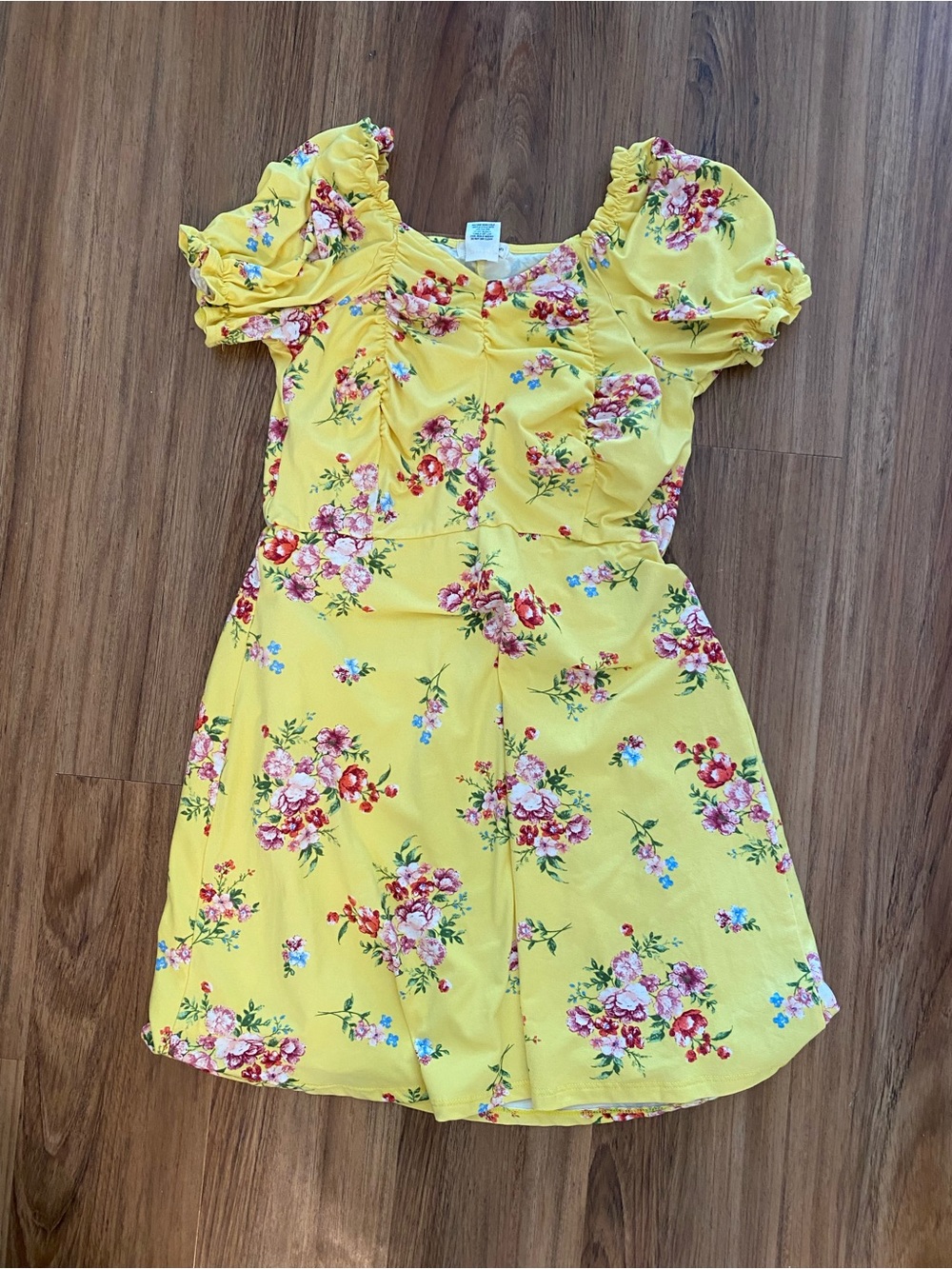 Girls' Yellow Floral Puff Sleeve Dress with Ruched Bodice